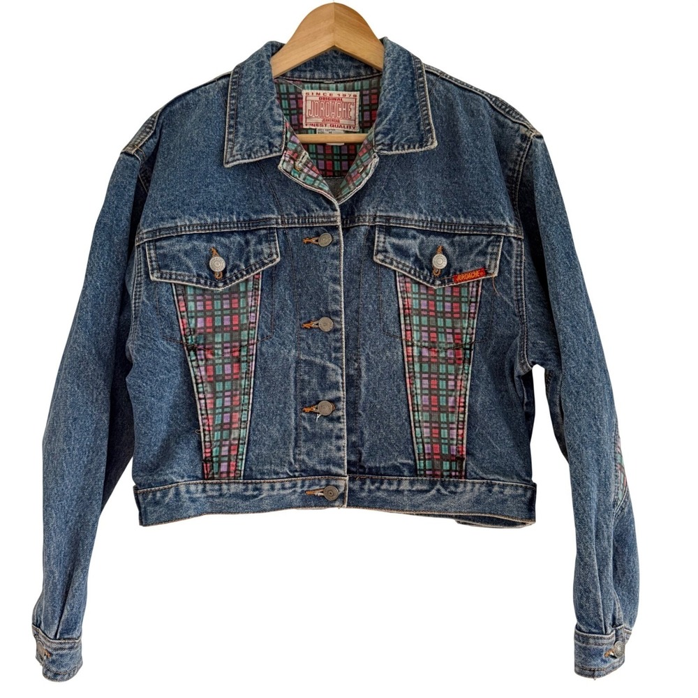 Vintage Jordache Plaid Contrast Denim Jacket Medium Wash Croppedβ Trucker M